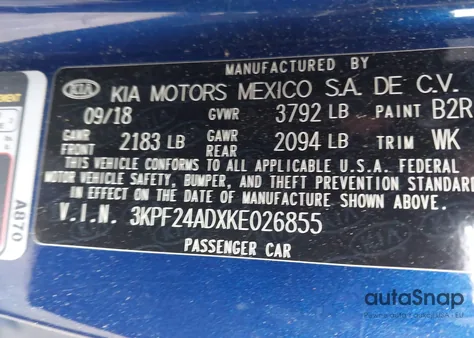 2019 Kia Forte Lxs z USA, uszkodzony, nr VIN 3KPF24ADXKE026855